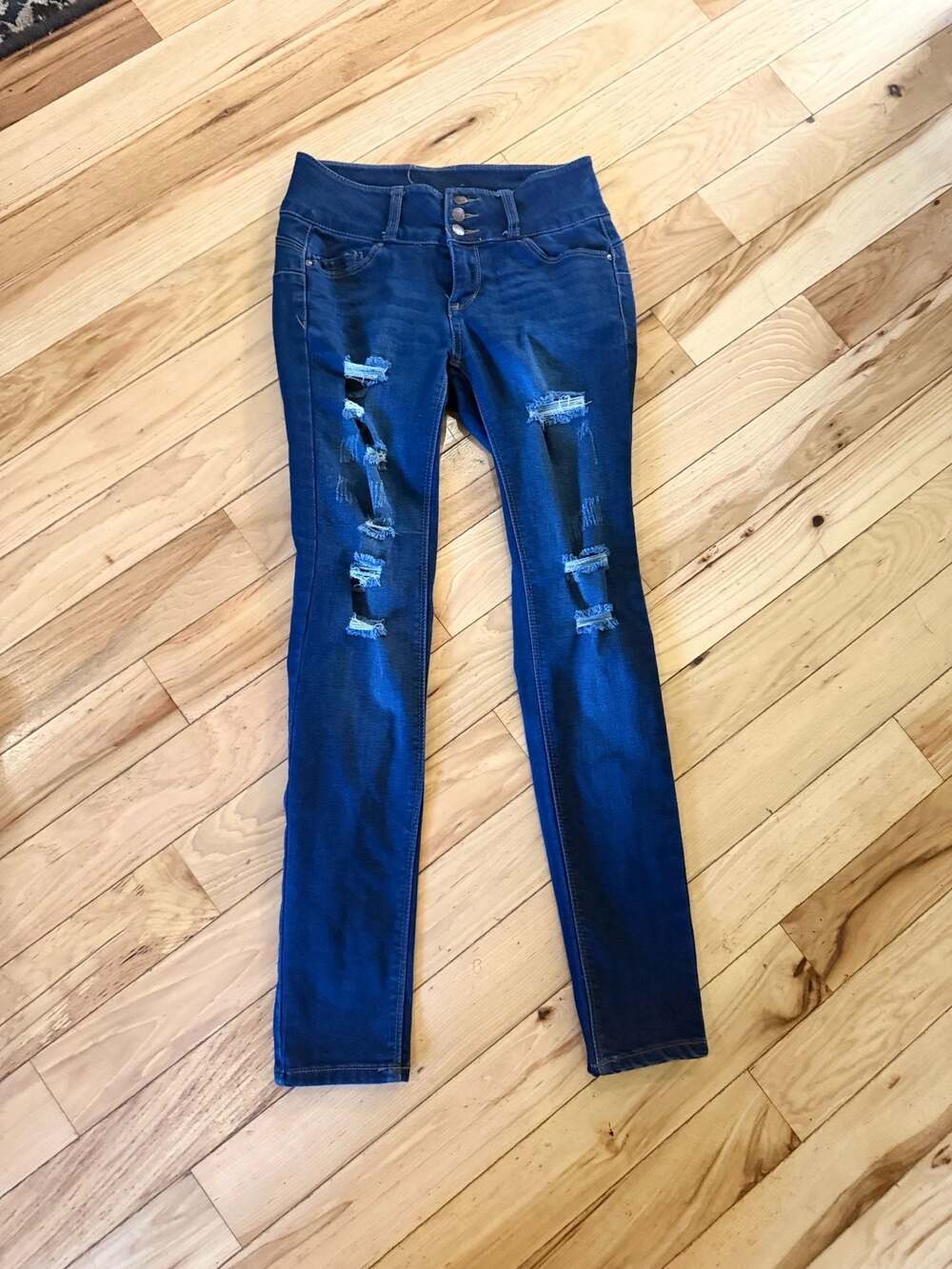 Wax Jean Women's Dark Wash Distressed High Waisted Skinny Jeans Size 3